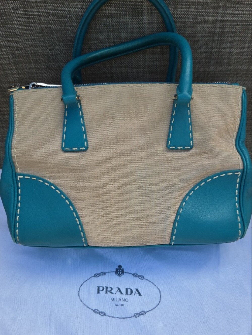 Prada Beige Canvas Satchel with Teal Leather Trim - Picture 7 of 17
